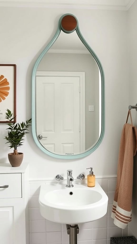 A stylish bathroom featuring two oval sage green mirrors, white sinks, and gold fixtures.