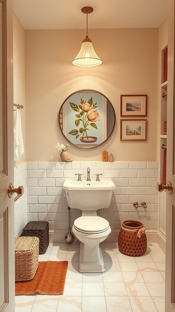 A cozy bathroom with caramel tones, featuring a round mirror, floral artwork, and woven baskets.