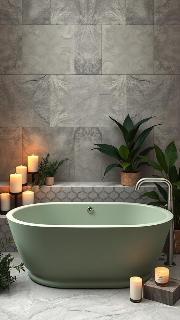 A stylish sage green bathtub surrounded by candles and plants in a modern bathroom setting.