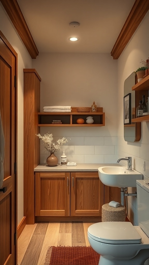 A cozy bathroom featuring warm wooden cabinetry, shelves, and flooring.