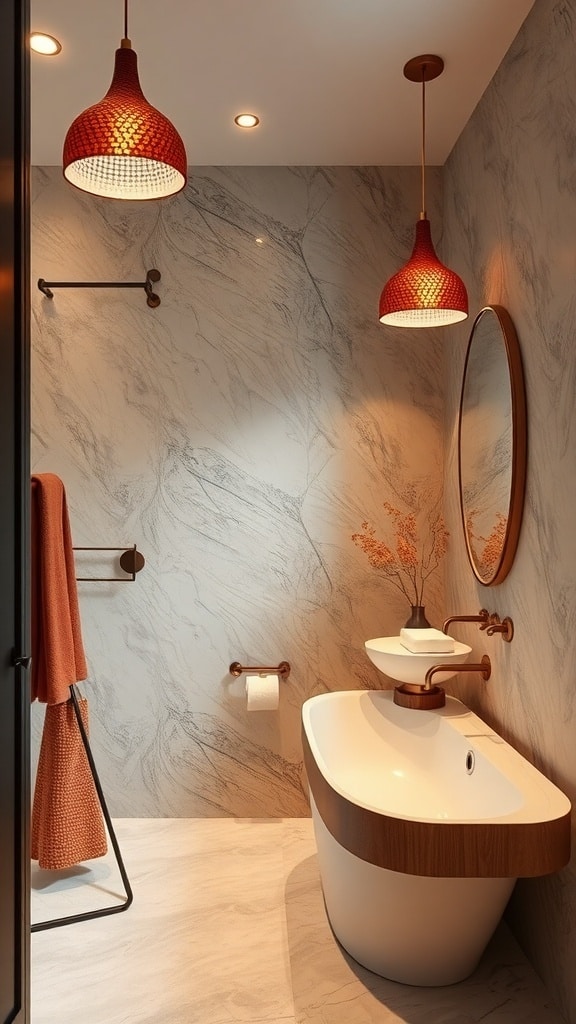 A modern bathroom featuring burnt sienna walls and unique statement lighting fixtures.