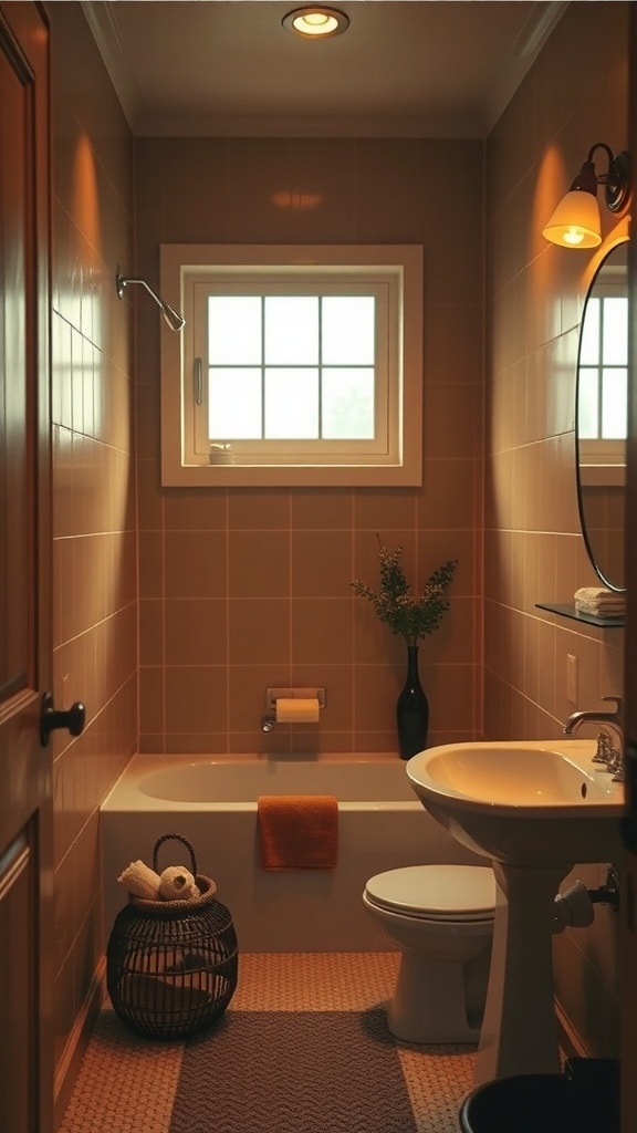 Cozy bathroom with moody ochre yellow tiles and warm lighting