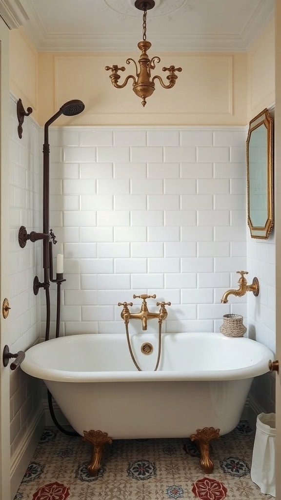 A vintage taupe bathroom featuring a clawfoot bathtub, pedestal sink, and antique fixtures.