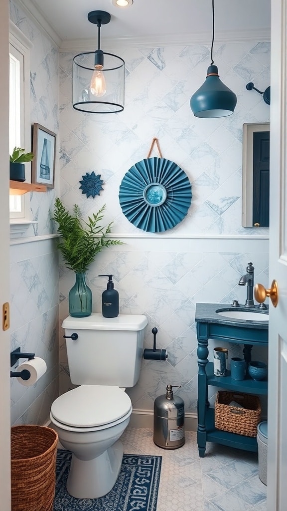 A small slate blue bathroom featuring decorative accents like plants, wall art, and stylish storage solutions.