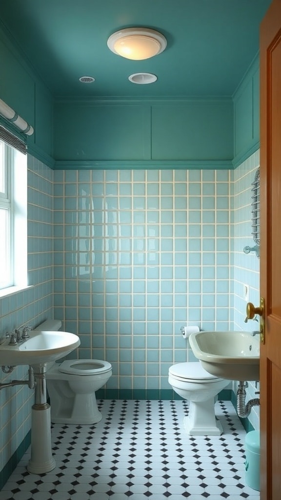 A vintage teal and white bathroom featuring soft teal walls, white tiles, and a unique black and white patterned floor.