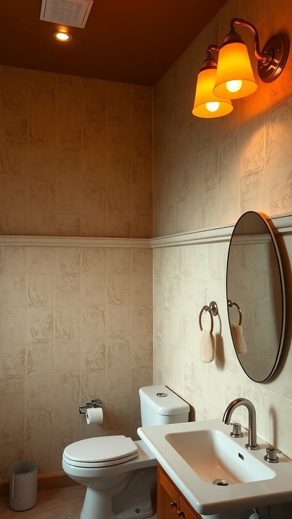 A cozy bathroom with caramel lighting fixtures, warm wall tones, and a simple design.