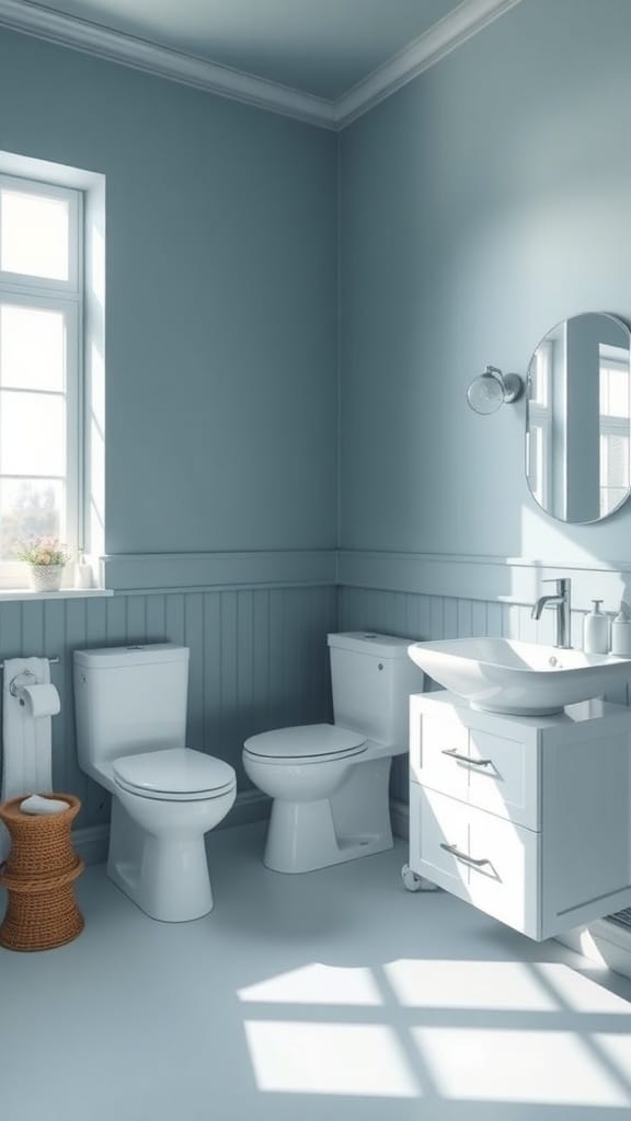 Cozy bathroom with slate blue walls, white fixtures, and natural light.