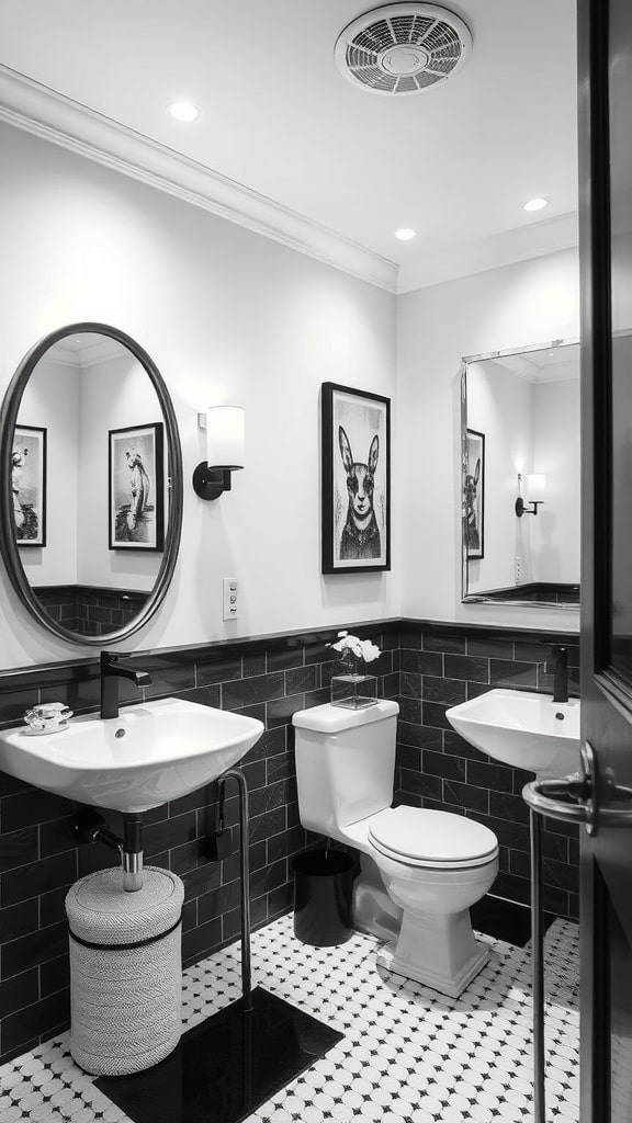 A stylish black and white bathroom featuring artistic wall decor with framed animal illustrations.