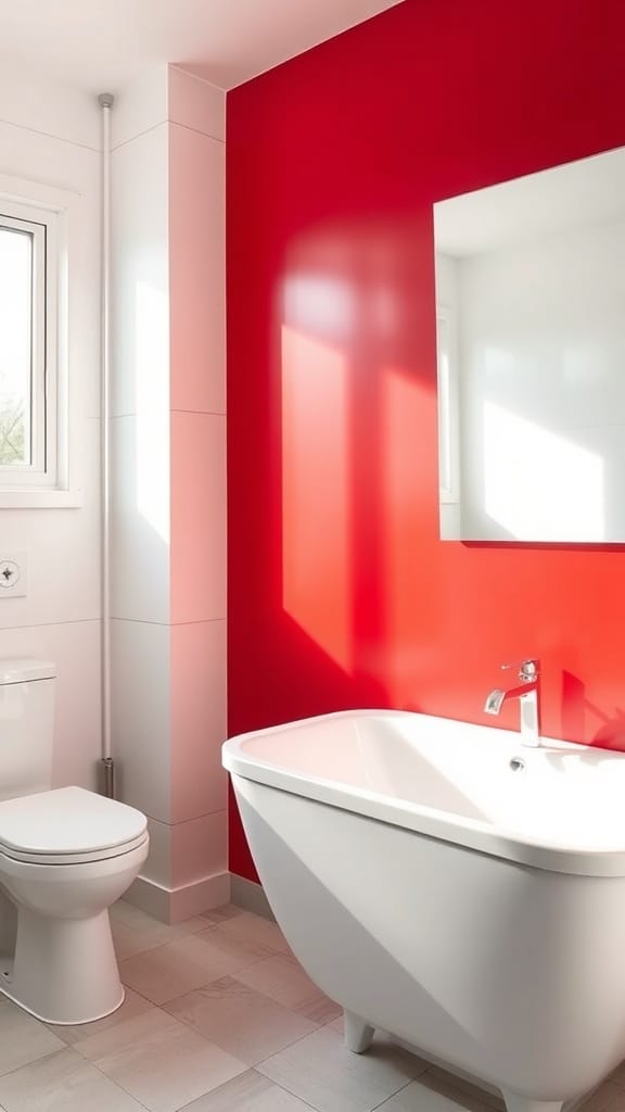 A minimalist bathroom featuring a bold red accent wall, white bathtub, and toilet.