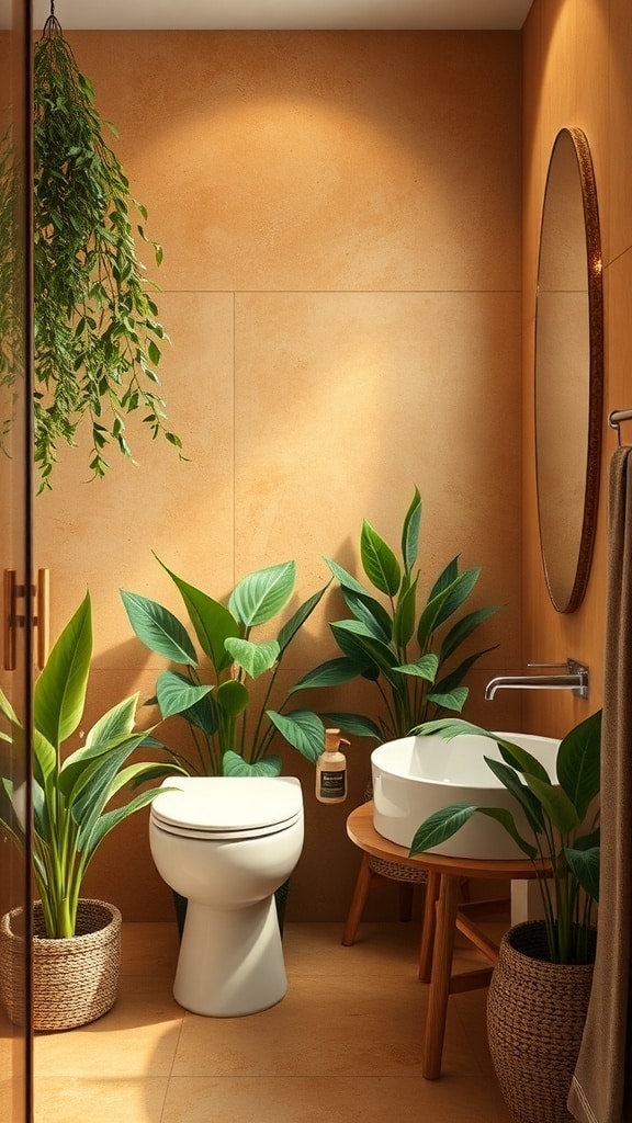 A cozy bathroom with caramel-colored walls and various plants in woven baskets.