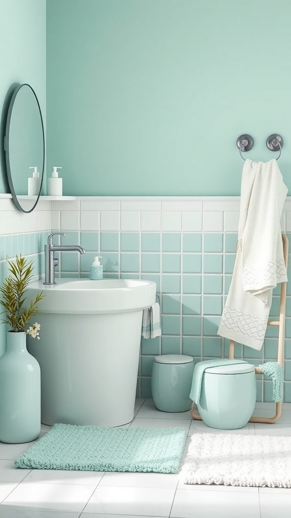 A mint-themed bathroom featuring mint tiles, a round mirror, and soft accessories.