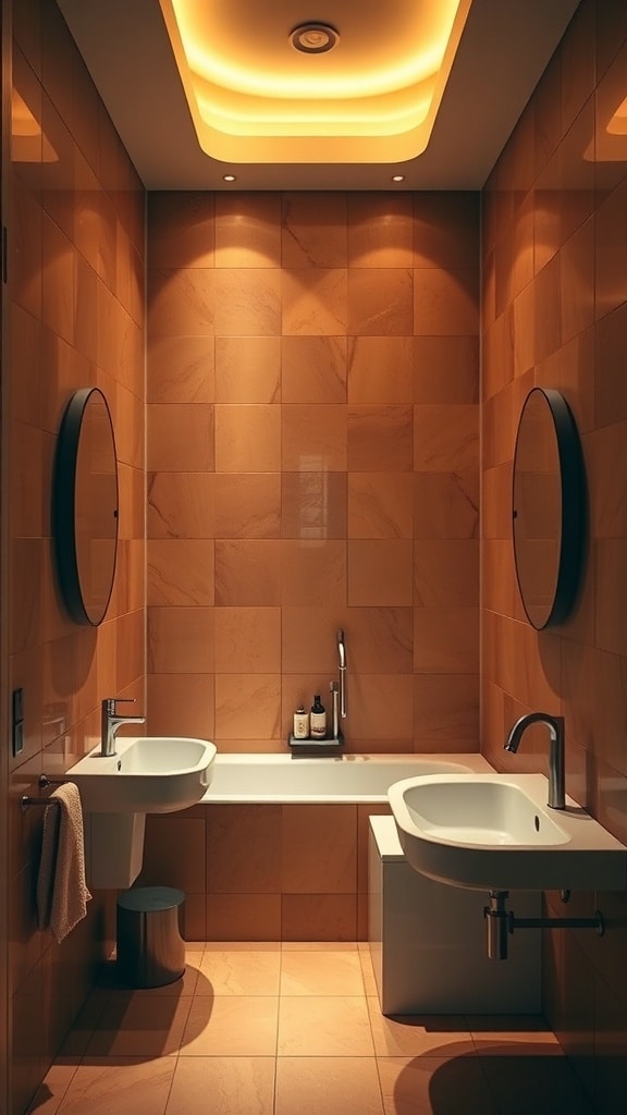 A warm terracotta bathroom with layered lighting, featuring soft ceiling lights and recessed fixtures.