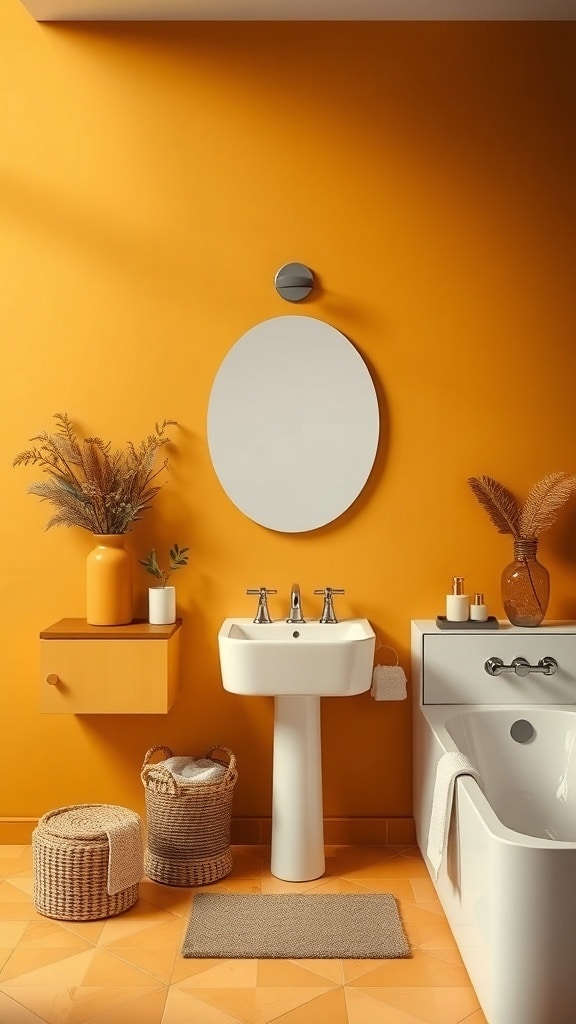 A bright ochre yellow bathroom featuring a white sink, bathtub, and natural decor elements.