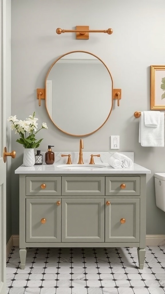Stylish sage green bathroom vanity with gold accents and round mirror