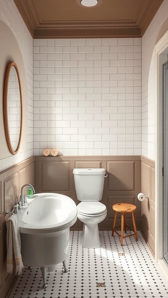 A vintage taupe bathroom featuring white tiles, a round mirror, and a wooden stool.