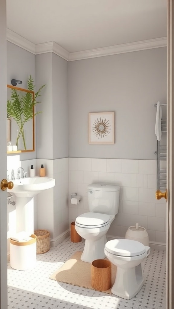 A soft gray bathroom with white tiles, pastel accents, and natural decor elements.