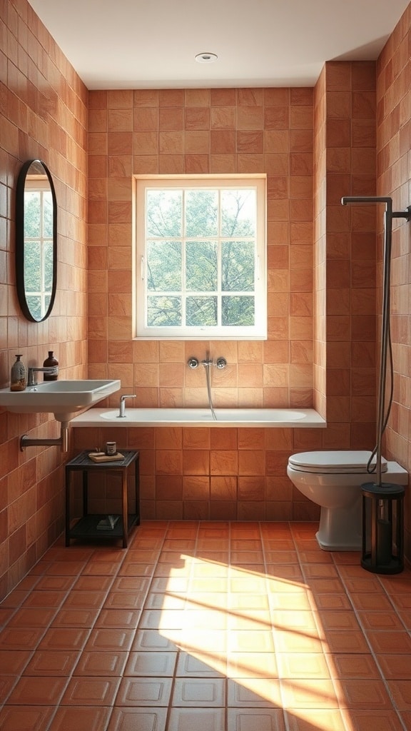 A warm terracotta tiled bathroom with a window, sink, bathtub, and modern fixtures.