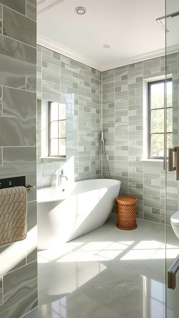 Stylish bathroom featuring sage green tiles, a modern bathtub, and natural light.
