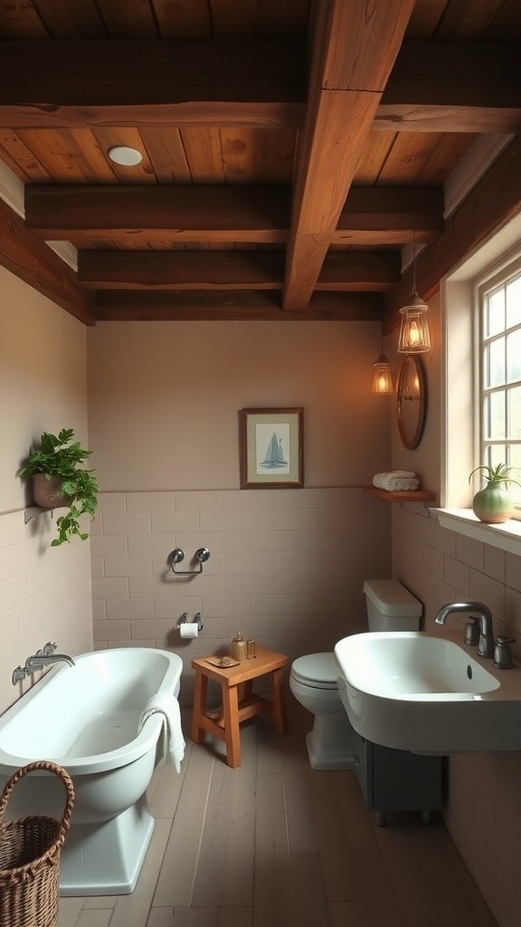 A rustic taupe bathroom with wooden beams, a vintage bathtub, and warm lighting.
