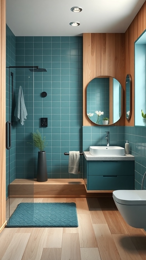 A modern bathroom featuring teal tiles and wooden accents.