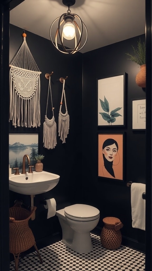 A stylish black bathroom featuring macramé wall art, framed artwork, and modern lighting.
