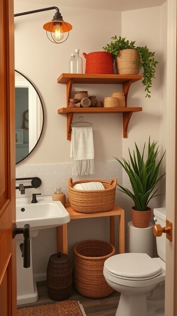 A boho bathroom with wooden shelves, woven baskets, and plants.