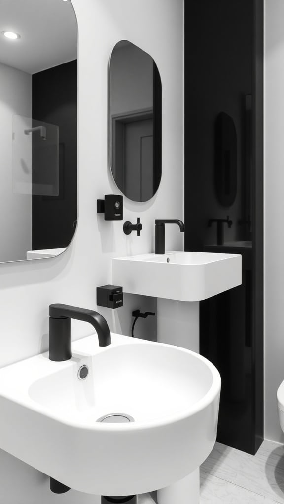 A modern black and white bathroom featuring sleek fixtures and a stylish design.