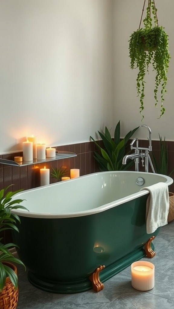 Luxurious green bathtub with gold accents, surrounded by candles and plants