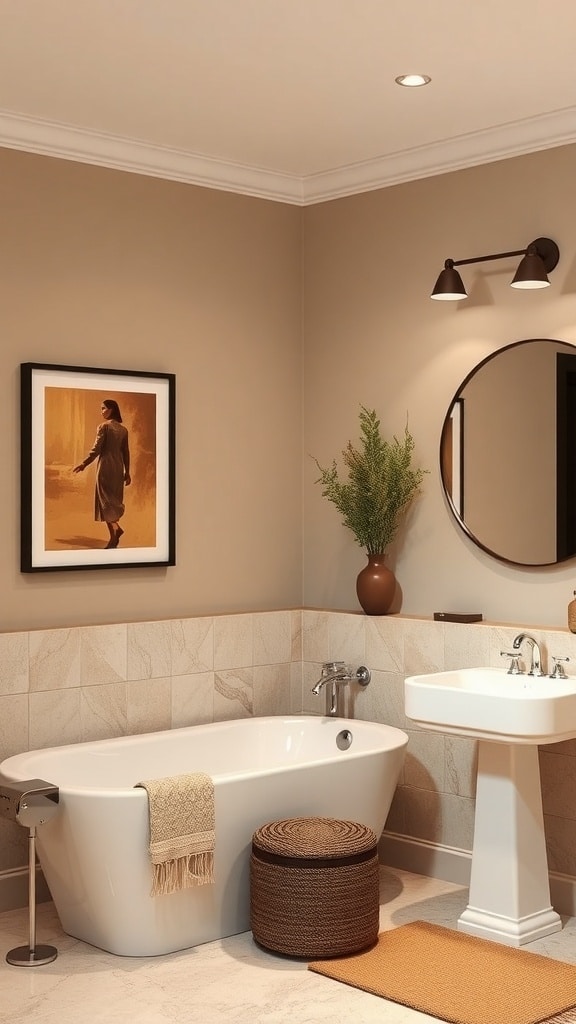 A stylish bathroom featuring brown-toned artwork, a round mirror, and natural decor elements.