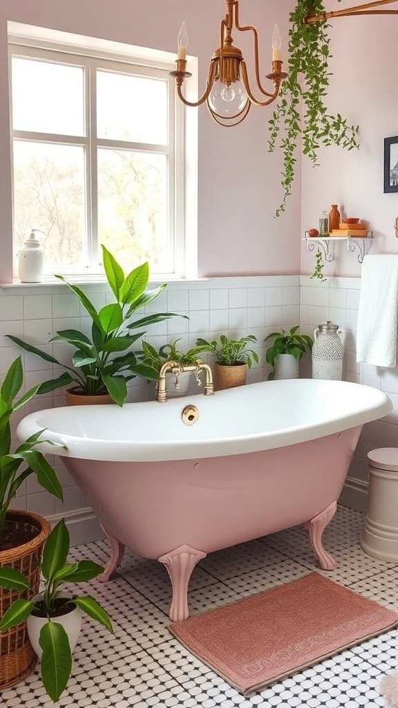 A vintage pink bathtub surrounded by plants and elegant decor in a cozy bathroom.