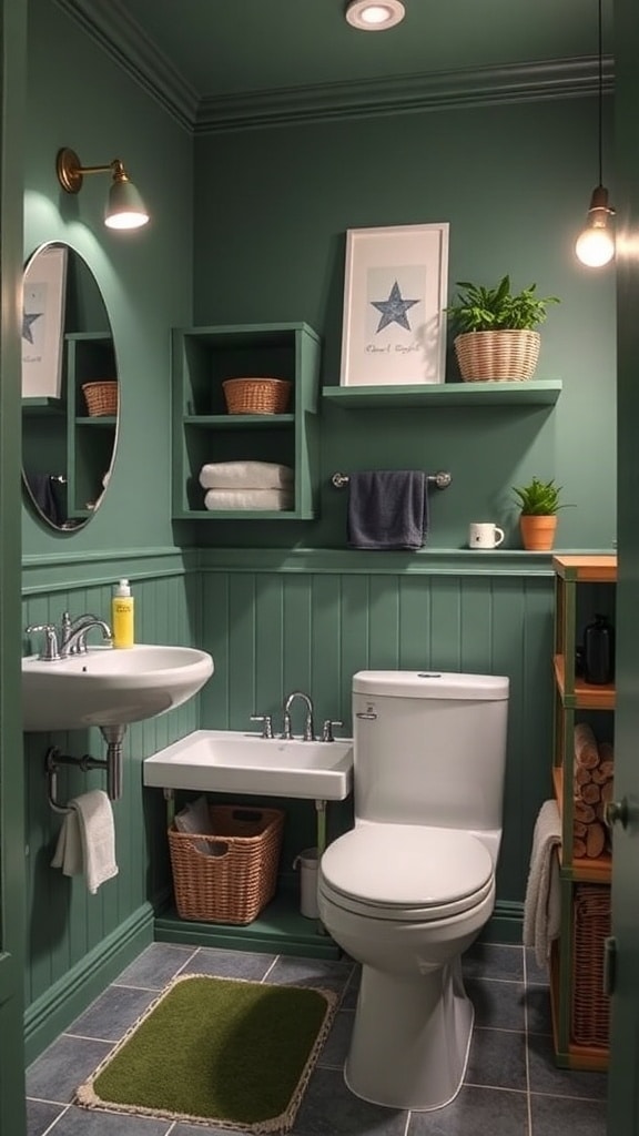 A cozy green bathroom featuring open shelves, a small sink, and decorative plants.