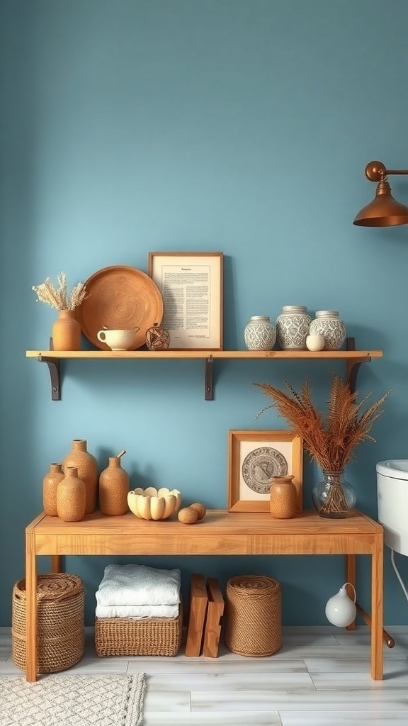 A rustic bathroom shelf with earthy tones, featuring pottery, woven baskets, and a blue wall.