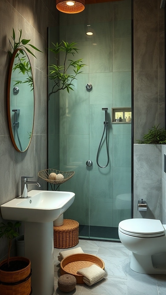A cozy green bathroom featuring a glass shower, natural plants, and earthy tones.