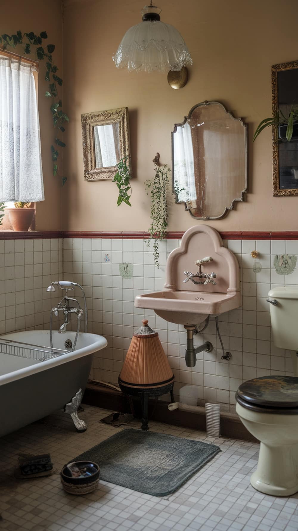 A vintage-style bathroom featuring elegant light fixtures, a round mirror, and decorative accessories.