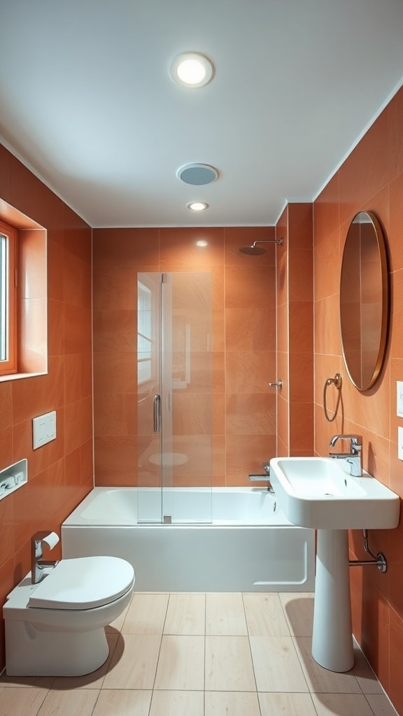 A warm terracotta bathroom featuring white fixtures including a sink, toilet, and bathtub.