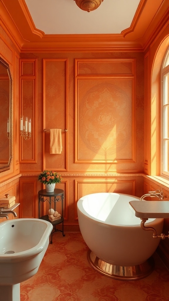 Luxurious bathroom with orange walls and gold accents, featuring a modern bathtub and elegant decor.