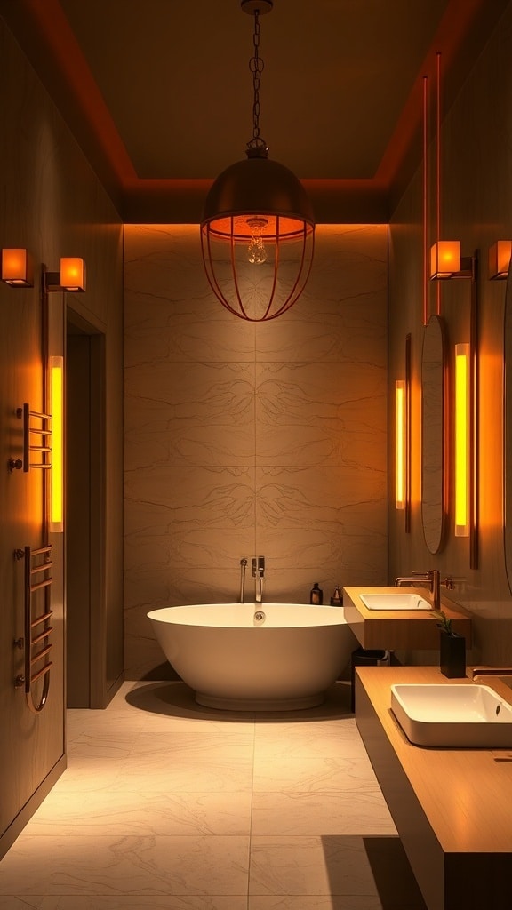 A luxurious bathroom featuring sophisticated orange lighting with a modern design.