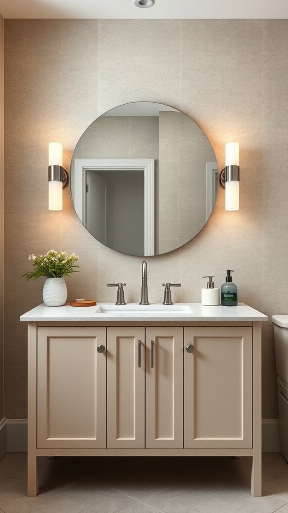 Chic greige bathroom vanity with round mirror and soft lighting