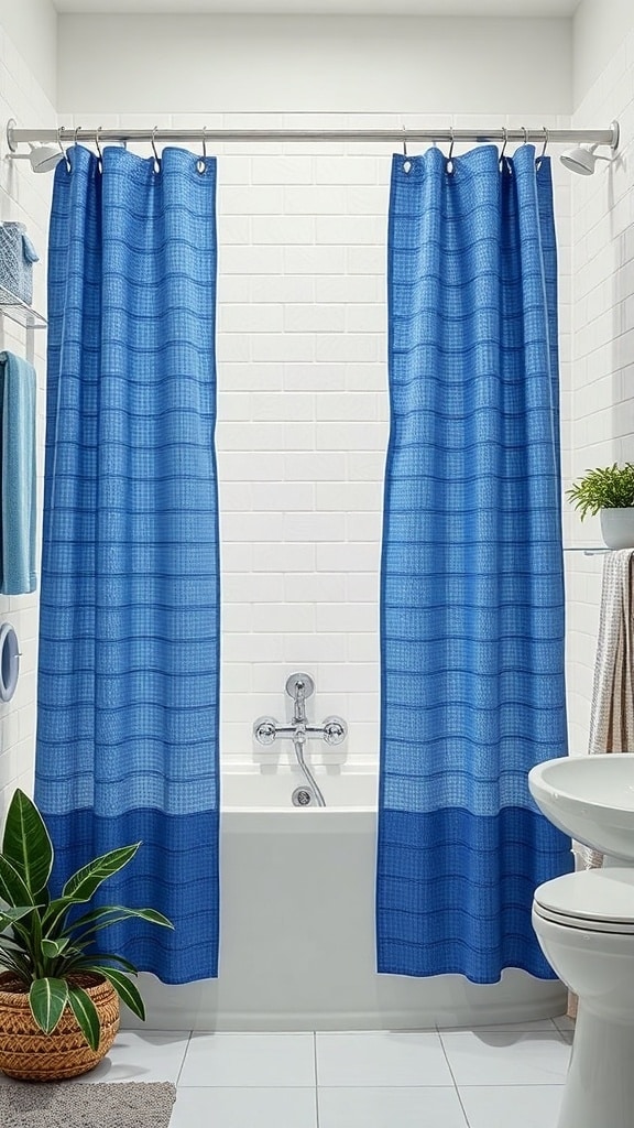 A bright blue textured shower curtain in a modern bathroom setting.