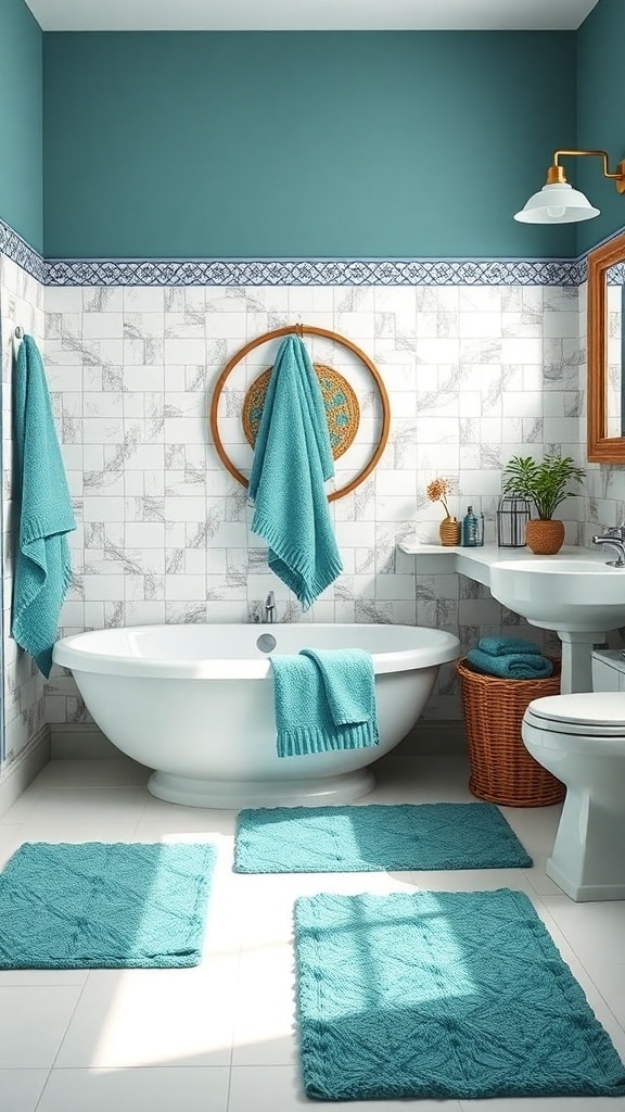 A modern bathroom featuring teal accessories including towels and rugs, with a white bathtub and decorative elements.