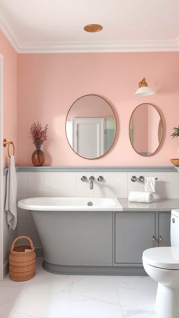 Aesthetic bathroom featuring blush pink walls, gray cabinetry, and modern decor.