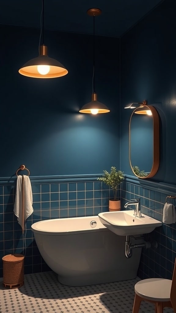 Stylish bathroom with indigo walls and warm pendant lighting