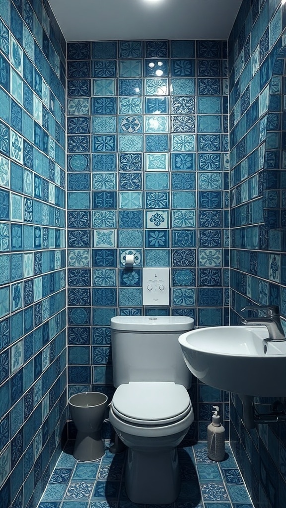 A small bathroom with artistic blue tile patterns on the walls and floor.