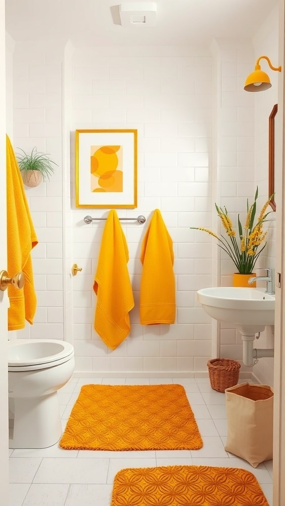 A bright bathroom featuring mustard yellow towels, bath mats, and decor against white tiles.