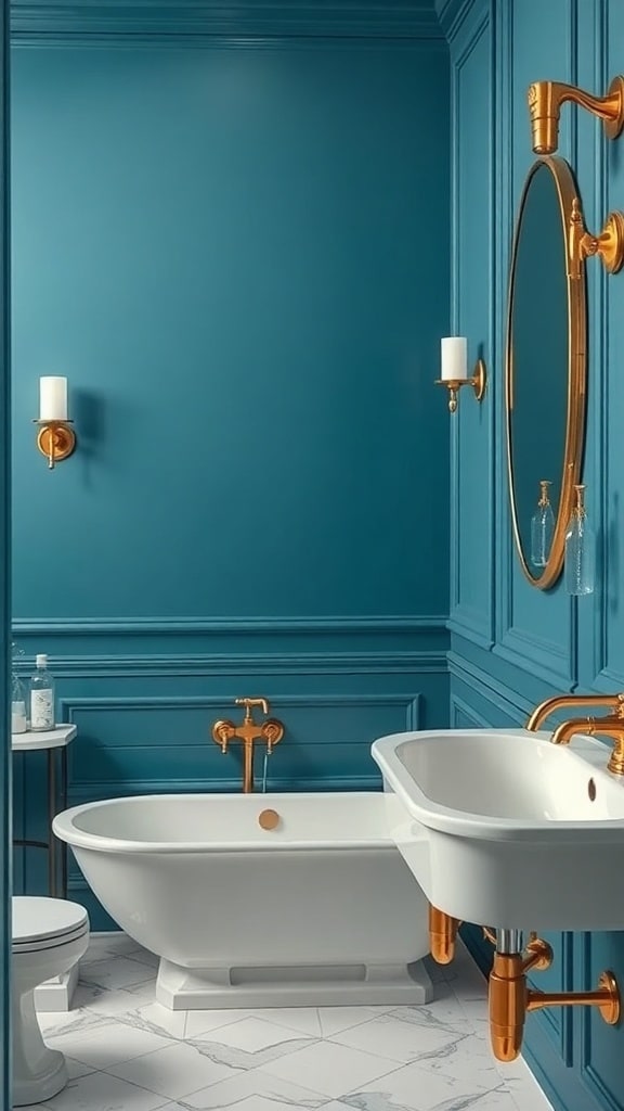 Luxurious bathroom featuring peacock blue walls, gold fixtures, and a freestanding bathtub.