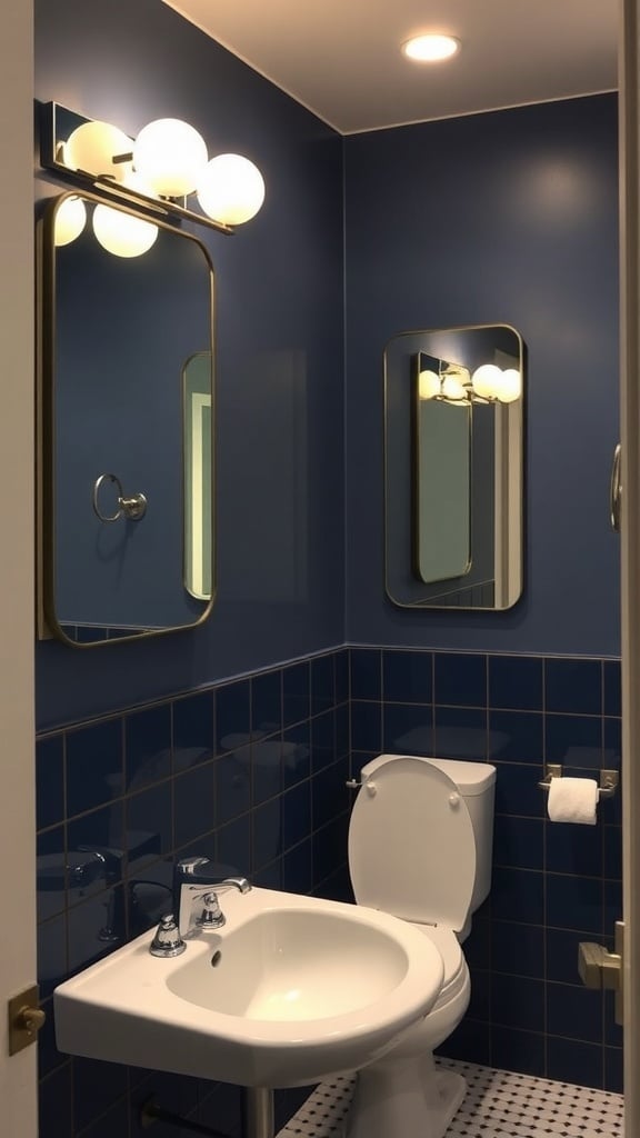 A modern bathroom featuring indigo walls and mirrors with gold frames.