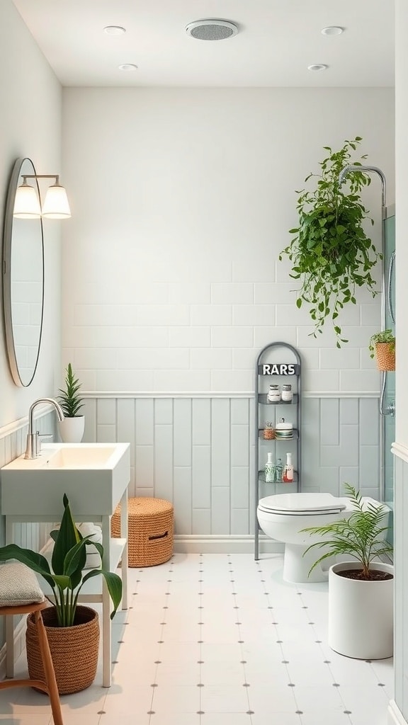 Stylish bathroom featuring sage green and white color palette with plants and modern fixtures.