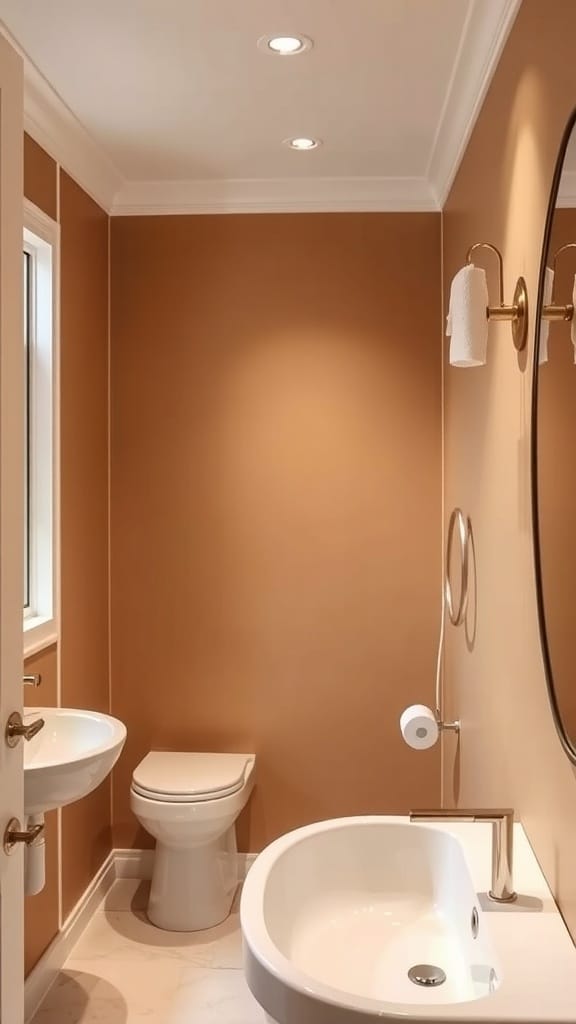 A cozy bathroom with caramel accent walls, white fixtures, and warm lighting.