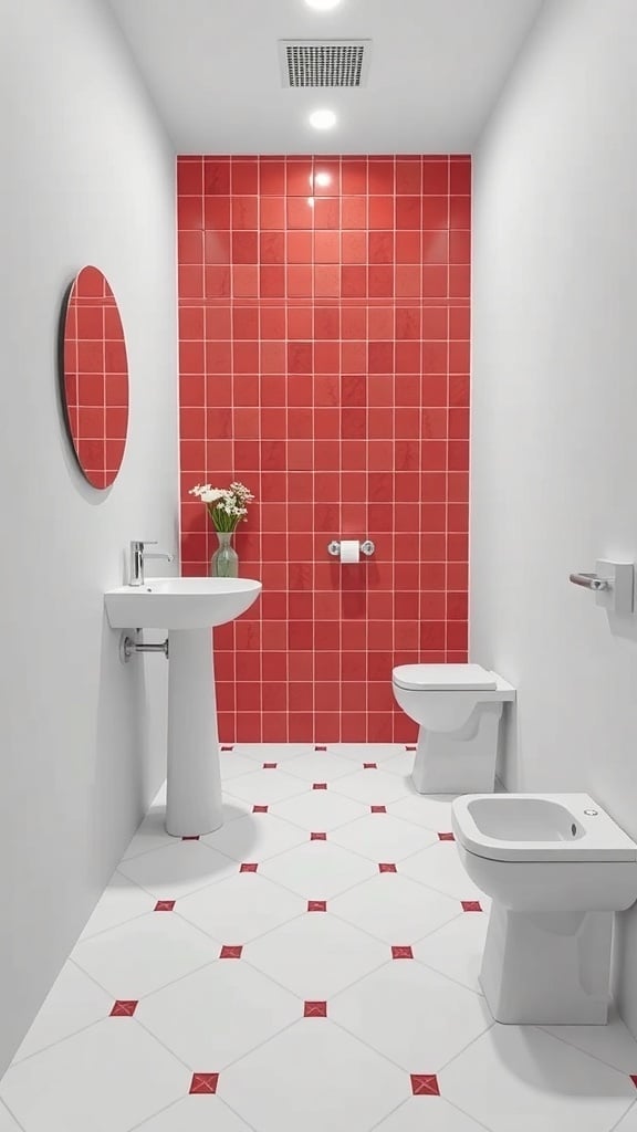 Minimalist bathroom with red geometric tiles on the wall and white tiles on the floor.