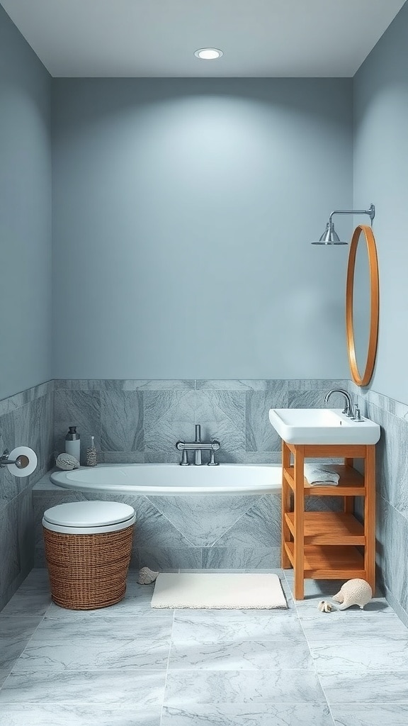 A bathroom with soft blue walls, marble tiles, and wooden accents, inspired by ocean colors.